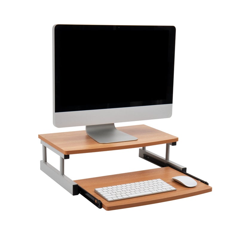 Mind Reader Monitor Stand, Sliding Keyboard Drawer, Laptop, Riser, Office, Wood/Metal, 20"L x 14.75"W x 5.9"H, Brown, Silver - Image 1